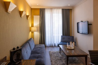 Rahat kanepeli modern bir otel odası.