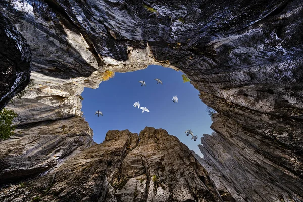 Голубині Птахи Летять Вікні Містичної Печери Відкриваючи Небо — стокове фото