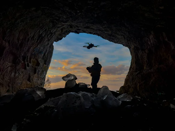 Person Using Drone Mysterious Cave — Stockfoto