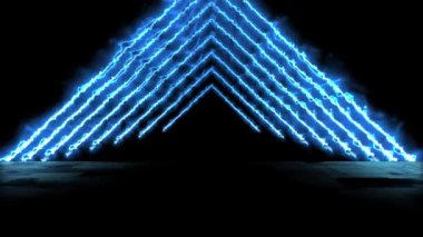 Neon Loop Animasyonu. Islak asfalt, gece görüşü. Beton zeminde neon yansıması. Gece boş sahne, stüdyo. Karanlık, soyut bir arkaplan. 3D görüntüleme. 4k animasyon.