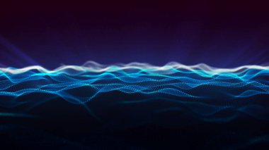 Teknoloji geçmişi. Soyut dijital parçacık dalgası. Fütürist noktalı dalga. Ağ bağlantısı yapısı. 3B görüntüleme