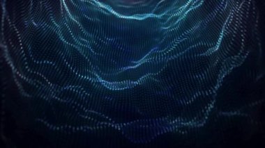 Parçacık dalgası. Dinamik dalgalı soyut bir arkaplan. Büyük veri. Dinamik parçacıkların ses dalgaları karanlığın içinden akar. Güzel, pürüzsüz 4K dalga formu animasyonu. 3d.
