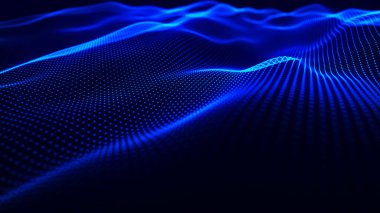 Dinamik dalgalı soyut bir arkaplan. Noktalı fütüristik dalga. Büyük veri konsepti. Soyut teknoloji geçmişi. 3B görüntüleme