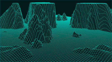 Soyut dijital manzara. Kablo çerçeveli peyzaj. 3d fütüristik vektör çizimi.