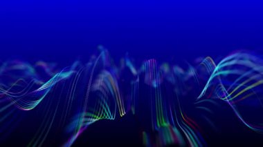 Dinamik dalgalı soyut bir arkaplan. Noktalı fütüristik dalga. Büyük veri konsepti. Soyut teknoloji geçmişi. 3 boyutlu görüntüleme. 4k animasyon