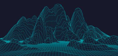 Soyut dijital manzara. Kablo çerçeveli peyzaj. 3d fütüristik vektör çizimi.