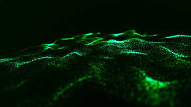 Dinamik dalgalı soyut bir arkaplan. Noktalı fütüristik dalga. Büyük veri konsepti. Soyut teknoloji geçmişi. 3B görüntüleme