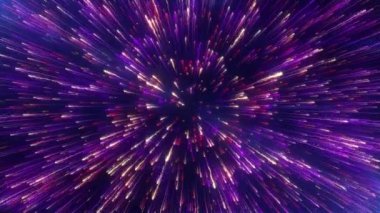 Colorful fireworks. Aerial flyight inside festive fireworks. Celestial beauty of the universe, speed of light, fireworks, red blue neon glow, stars, space. 3D render. 4k animation.