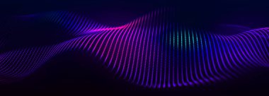 Dijital teknoloji geçmişi. Parlayan noktaların dinamik dalgası. Sunum tasarımı için fütüristik arka plan. 3D görüntüleme. Geniş Ekran