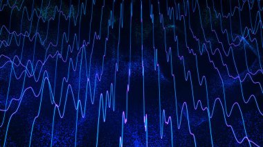 Dijital teknoloji geçmişi. Parlayan noktaların dinamik dalgası. Sunum tasarımı için fütüristik arka plan. 3D görüntüleme. Geniş Ekran