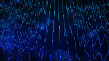 Dijital teknoloji geçmişi. Parlayan noktaların dinamik dalgası. Sunum tasarımı için fütüristik arka plan. 3D görüntüleme. Geniş Ekran