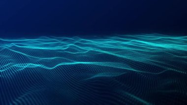 Gelecekçi parçacık dalgası. Soyut teknoloji geçmişi. Büyük veri görselleştirmesi. 3 boyutlu görüntüleme. 4k animasyon.