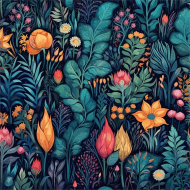 Birçok soyut bahar çiçekli kusursuz vektör deseni. Eski tarz duvar kâğıdı ya da kumaş dekorasyonu için. Yaz için çiçek resmi. Botanik geçmişi. Vektör illüstrasyonu