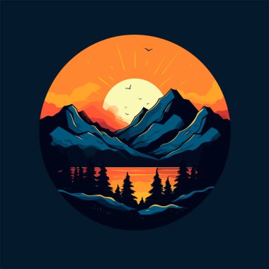 Yaz günbatımını güzel sarıyla aydınlatıyorlar. Güneşin doğuşunun altında büyük dalgaların logosu, arkada ağaçlarla, kuşlarla, minimalist resimlerle anıtlar. Vektör illüstrasyonu