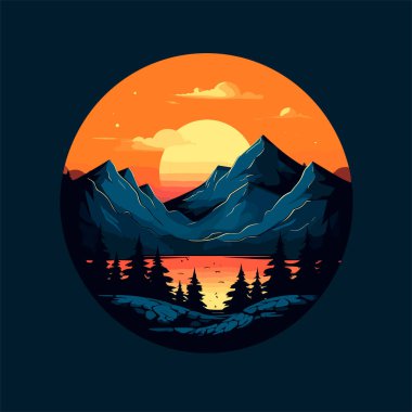 Yaz günbatımını güzel sarıyla aydınlatıyorlar. Güneşin doğuşunun altında büyük dalgaların logosu, arkada ağaçlarla, kuşlarla, minimalist resimlerle anıtlar. Vektör illüstrasyonu