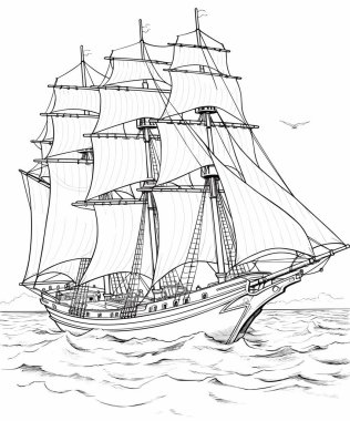 Gemi boyama yelkenlisi. Çocukların boyama sayfalarını basmaya hazır hale getirmek için gemi siyah ve beyaz renkli boyama sayfaları. Vektör illüstrasyonu