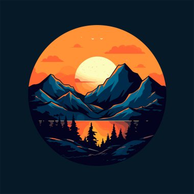 Yaz günbatımını güzel sarıyla aydınlatıyorlar. Güneşin doğuşunun altında büyük dalgaların logosu, arkada ağaçlarla, kuşlarla, minimalist resimlerle anıtlar. Vektör illüstrasyonu