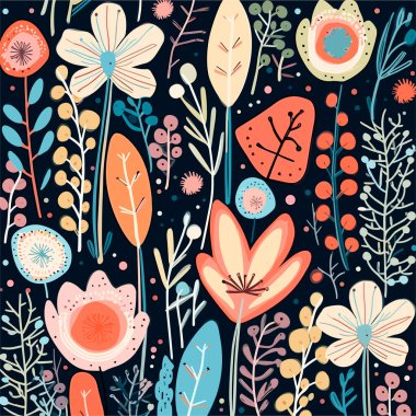 Birçok soyut bahar çiçekli kusursuz vektör deseni. Eski tarz duvar kâğıdı ya da kumaş dekorasyonu için. Yaz için çiçek resmi. Botanik geçmişi. Vektör illüstrasyonu
