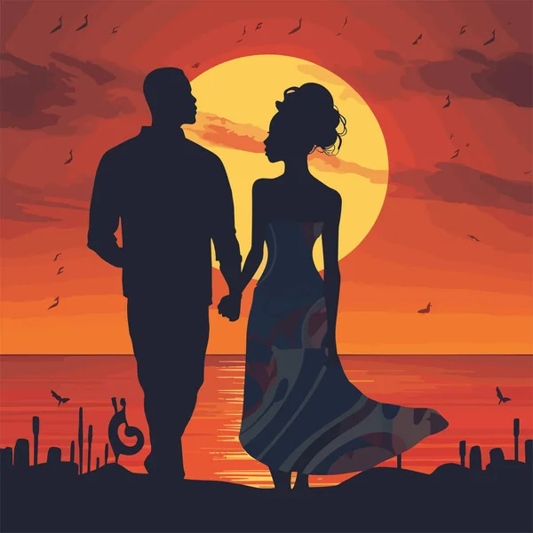 A couple in love looks at the sunset. People silhouette back standing enjoying sunset view on tropical vacation. Romantic couple. Vector illustration