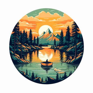 Yaz günbatımını güzel sarıyla aydınlatıyorlar. Güneşin doğuşunun altında büyük dalgaların logosu, arkada ağaçlarla, kuşlarla, minimalist resimlerle anıtlar. Vektör illüstrasyonu