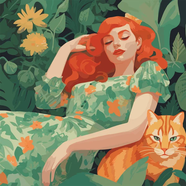 불타는 흐르는 머리카락을 빨간머리 아름다운 소녀는 고양이 꽃밭에 있습니다 일러스트 — 스톡 벡터