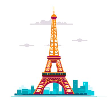 Şehrin arka planında Eyfel Kulesi. Tasarım, tişört veya poster baskısı için illüstrasyon. Vektör illüstrasyonu