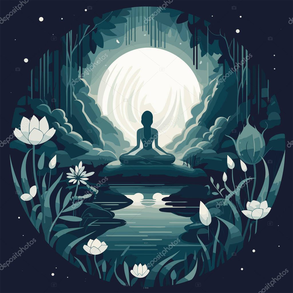 A silhouette of a woman in a lotus pose against a sunset background. Oneness with nature. Zen, meditation, peace. Vector illustration