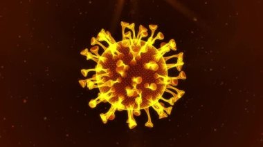 Parlak sarı virüs hücreleri siyah bir arkaplanda yüzerler. 4K içinde soyut konsept 3B oluşturma.
