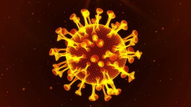 Parlak sarı virüs hücreleri siyah bir arkaplanda yüzerler. 4K içinde soyut konsept 3B oluşturma