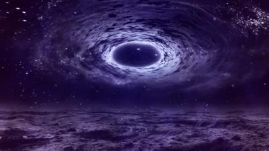Süper kütleli kara delik. Sanatsal görselleştirme. Boşluk. Bir yıldız gezegeni bulutsusu. 4k animasyon.
