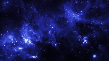 Yıldızlı, bulutsu ve galaksisi olan evren. Bir sürü yıldızlı mavi, karanlık gece gökyüzü. Sanatsal görselleştirme. Boşluk. Bir yıldız, gezegenler, nebulalar. 3 boyutlu görüntüleme. 4k animasyon.