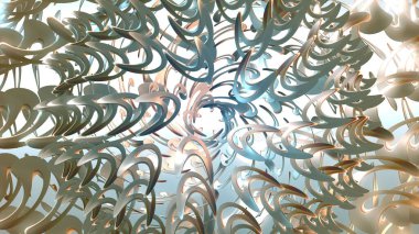 Açık arkaplanda soyut dönen renkli elementler. Geometrik Şekillerin Arkaplanı. Altın rengi dönen 3d parlak metal elementler arkaplan