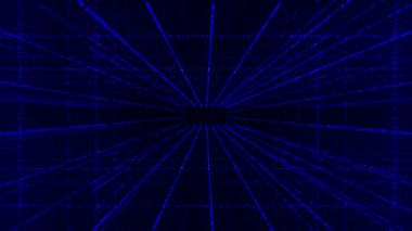 Soyut bir dijital tünelden uçmak. Göz kırpan ve yüzen parçacıklardan oluşan gelecekteki mavi ağ. Bağlantı ve bağlantılar kavramı, hareket teknolojisi, arkaplan 4K animasyonu