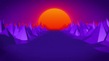 80 'lerin, 90' ların eski tarzında soyut retro manzara. Yol taşları, dağlar ve güneş, soyut arka plan. Video 4k, hareket tasarımı