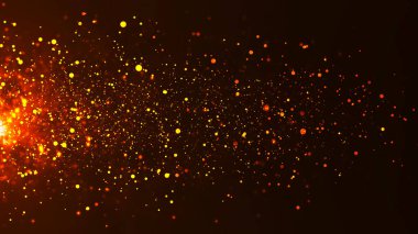 Yatay olarak uçan parlak parçacıkların renkli animasyonu. Dinamik parçacıklar uzayda rastgele ağır çekimde yüzerler. Parıldayan parçacıklar. Havada gerçek renkli parçacıklar var. 3d.