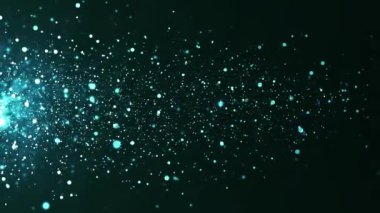 Yatay olarak uçan parlak parçacıkların renkli animasyonu. Dinamik parçacıklar uzayda rastgele ağır çekimde yüzerler. Parıldayan parçacıklar. Havada gerçek renkli parçacıklar var. Üç boyutlu. 4k animasyon.