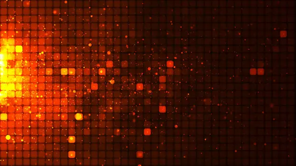 Red mosaic background in technology concept. Abstract red LED squares and yellow particles. Technology digital square red color background. Red pixel grid background. 3D rendering.