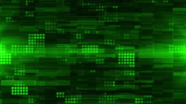 Teknoloji konseptinde yeşil animasyon geçmişi. Soyut yeşil LED kareler. Teknoloji dijital kare yeşil renk arkaplanı. Yeşil piksel ızgara arka planı. 4k animasyon.