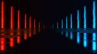 Parlak neon ışınları ve parlak çizgileri olan soyut renkli bir arkaplan. Islak asfalt, gece görüşü. Beton zeminde parlak bir yansıma. Gece boş sahne, stüdyo. Karanlık, soyut bir arkaplan. 3B görüntüleme.