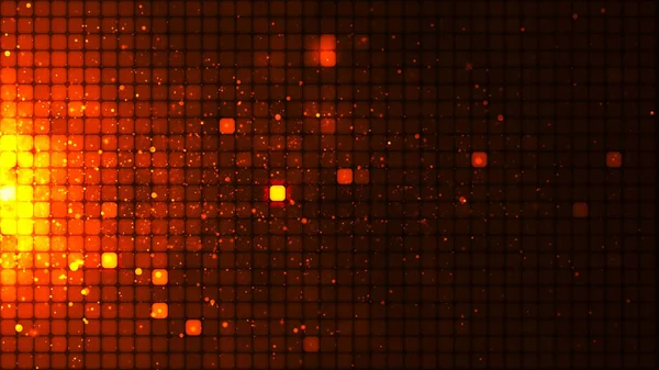 Red mosaic background in technology concept. Abstract red LED squares and yellow particles. Technology digital square red color background. Red pixel grid background. 3D rendering.