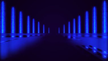 Parlak neon ışınları ve parlak çizgileri olan soyut renkli bir arkaplan. Islak asfalt, gece görüşü. Beton zeminde parlak bir yansıma. Gece boş sahne, stüdyo. Karanlık, soyut bir arkaplan. 3B görüntüleme.