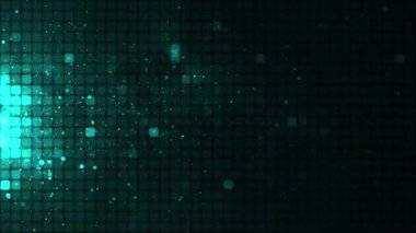 Soyut Parlak Mozaik. Hareketli noktalı soyut turkuaz LED arkaplan. Teknoloji dijital kare renk arkaplanı. Yeşil piksel arka plan. Geometrik tasarım elementinin animasyonu. 4K canlandırması.