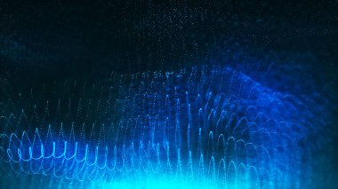 Teknolojik geçmiş. Soyut parçacıkların hareketi. Soyut dijital parçacık dalgası. Parçacıklardan gelen fütürist noktalı çizgiler. Ağ bağlantısı yapısı. 3B görüntüleme