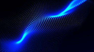 Gelecekçi parçacık dalgası. Soyut teknoloji geçmişi. Büyük veri görselleştirmesi. 3 boyutlu geniş ekran. Üç Boyut.