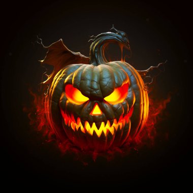 Cadılar Bayramı balkabağı gülüşü ve siyah arka planda parlayan korkunç gözler. Işıklı balkabağı. Parlayan Jack-O-Lantern