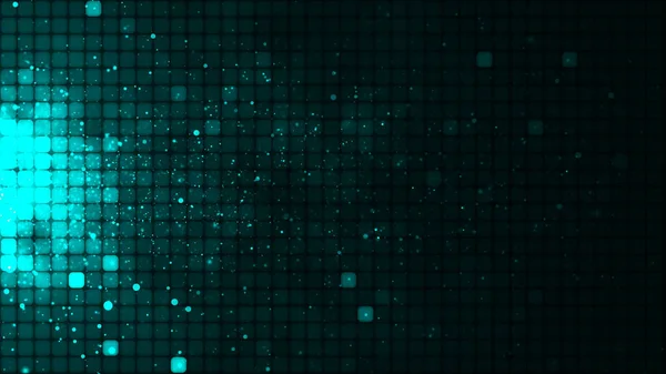 Turquoise mosaic background in technology concept. Abstract green LED squares and particles. Technology digital square turquoise color background. Green pixel grid background. 3D rendering.