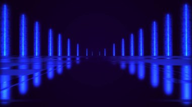 Parlak neon ışınları ve parlak çizgileri olan soyut renkli bir arkaplan. Islak asfalt, gece görüşü. Beton zeminde parlak bir yansıma. Gece boş sahne, stüdyo. Karanlık, soyut bir arkaplan. Üç Boyut