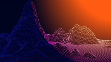 Soyut dijital manzara. Kablo çerçeveli peyzaj. 3d fütüristik vektör çizimi.