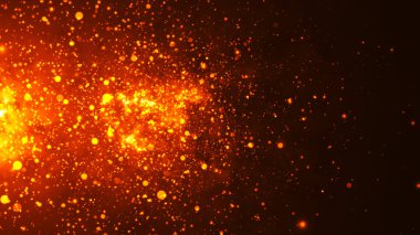 Yatay olarak uçan parlak parçacıkların renkli animasyonu. Dinamik parçacıklar uzayda rastgele ağır çekimde yüzerler. Parıldayan parçacıklar. Havada gerçek renkli parçacıklar var. 3d.