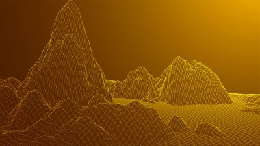 Soyut dijital manzara. Kablo çerçeveli peyzaj. 3d fütüristik vektör çizimi.